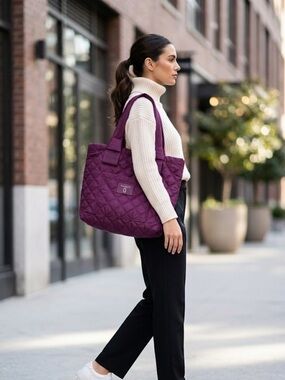 Marc Jacobs Quilted Nylon Diamond Plum Large Tote Bag